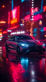 Midnight city drive with neon-lit reflections on wet streets.