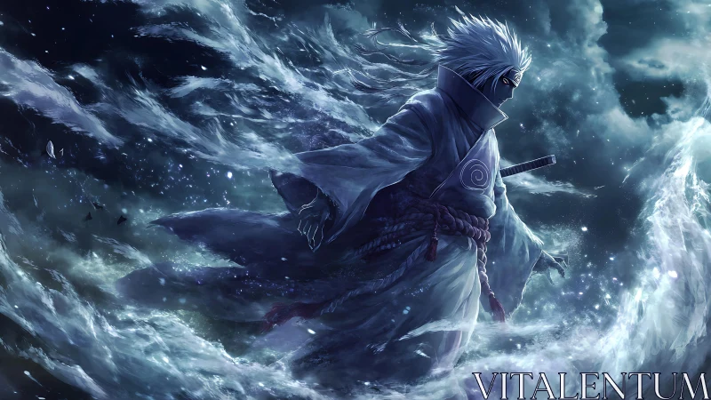White-haired warrior stands in swirling blue energy storm