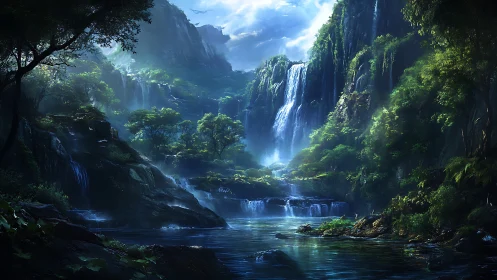 Sunlit jungle waterfalls pour into a calm emerald lagoon