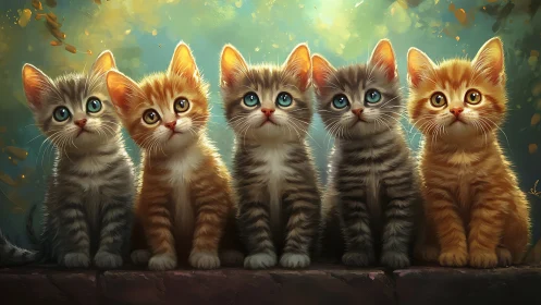 Five digitally painted kittens with backlit ears displayed in frontal composition.