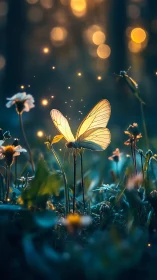 Backlit butterfly on wildflowers in shallow focus meadow.