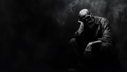 Brooding skeletal drifter broods in cavernous shadowed void.