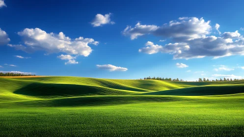 Sunlit green fields with rolling hills under scattered clouds.