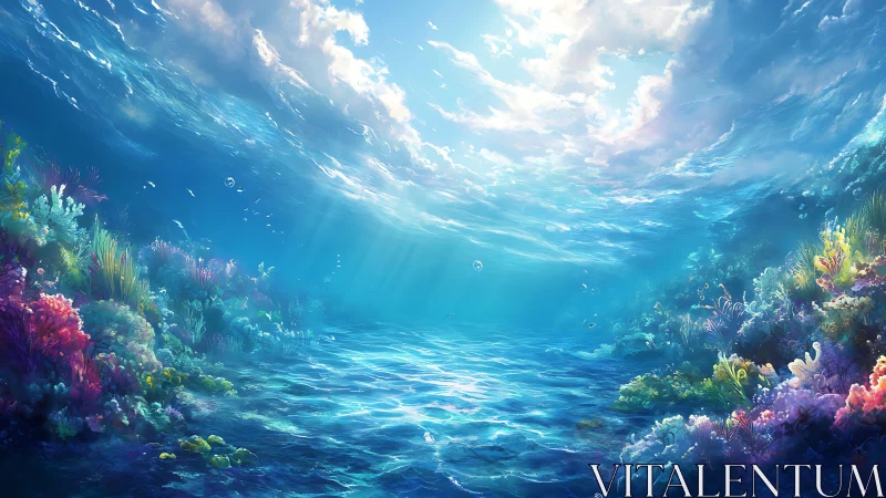 Sunlit underwater reef scene with clear blue ocean water.