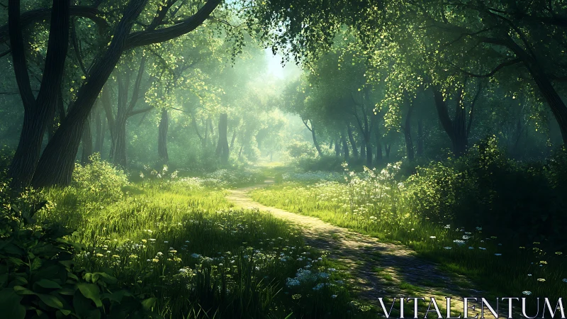 Sunlit Forest Canopy Path Through Ancient Woodland.