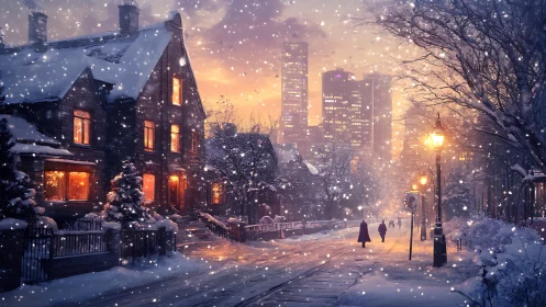 Digital painting of snowy urban street with warm-lit houses.