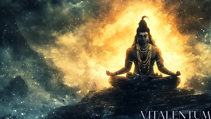 Cosmic meditation glow around serene mountain yogi.