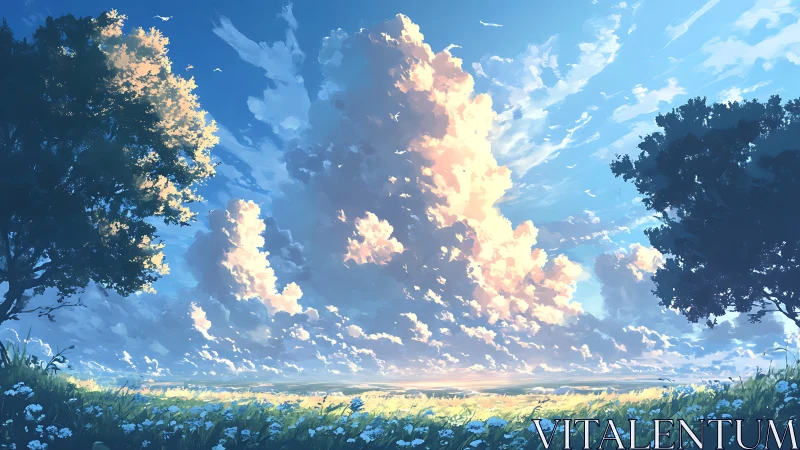 Vast cloud tower over open meadow between two trees.