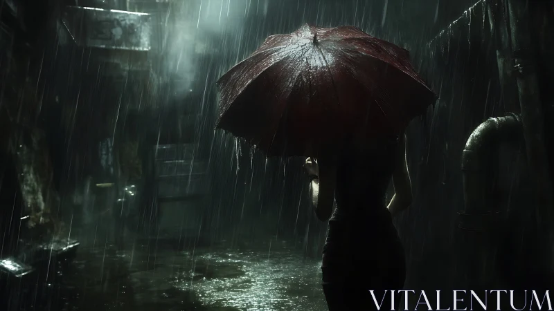 Solitary figure under red umbrella in neon-soaked alleyway.