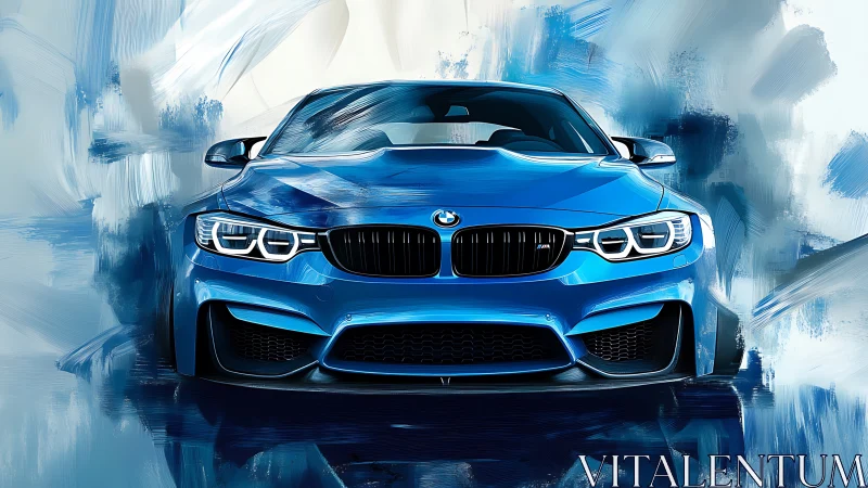 Vibrant blue sports car poised in bold painterly strokes.