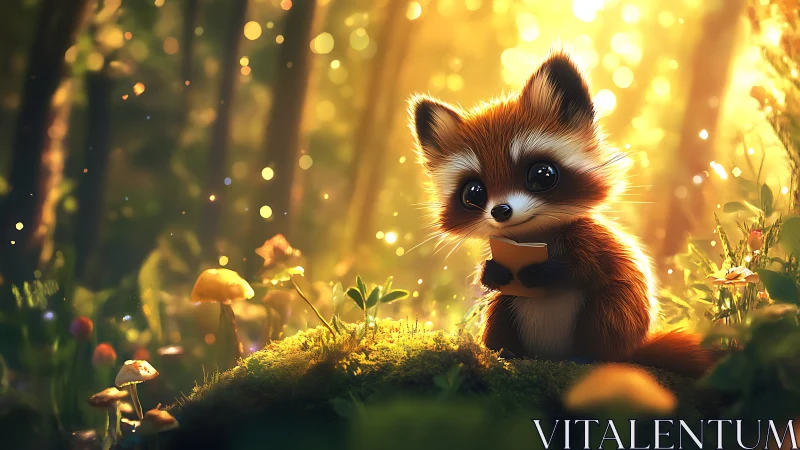 Luminous forest vignette with bookish stylized raccoon subject.