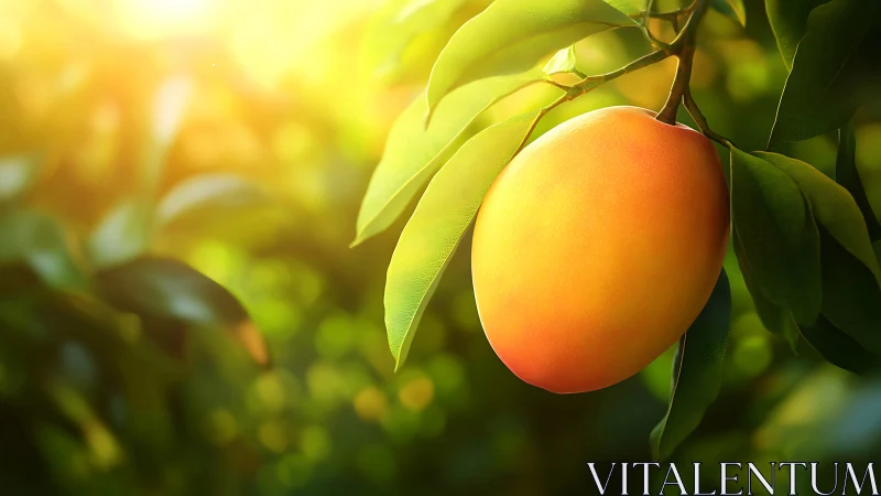 Ripe mango fruit rendered with shallow depth and warm rim lighting