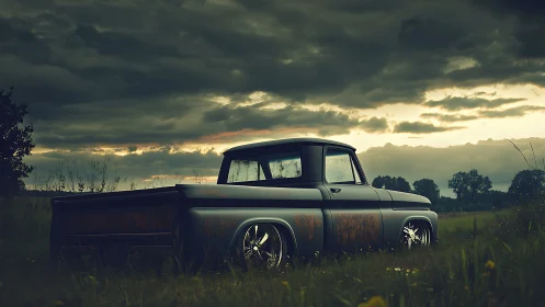 Custom vintage pickup under storm-lit rural evening sky.