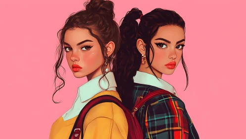 Stylized twin students in high-contrast flat-color digital portrait