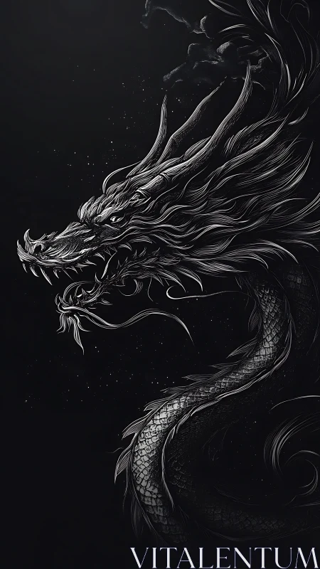 Monochrome dragon illustration with flowing scaled body.