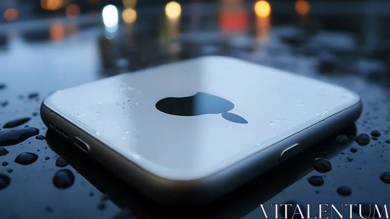 Low-angle macro view of wet metallic device body on glossy surface