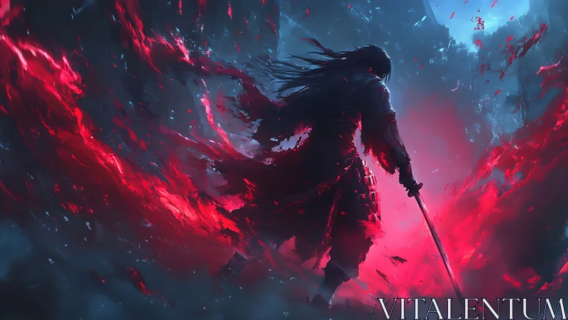 Samurai silhouette with sword amid red energy field.