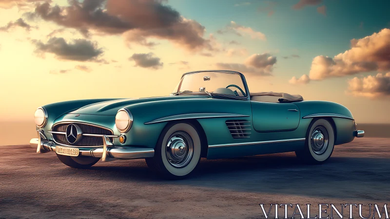 Sunlit teal roadster poised on coastal overlook at dusk.