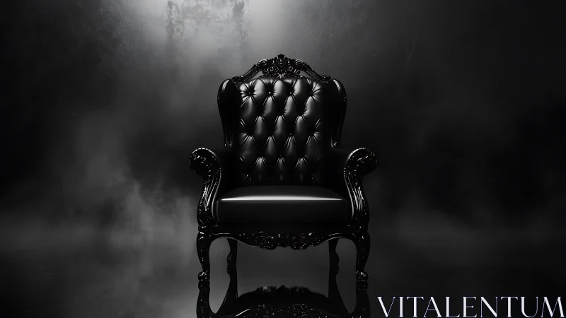 Black tufted armchair centered in dark atmospheric space.