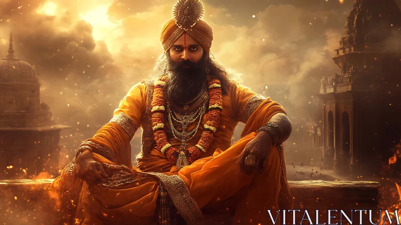 Seated spiritual leader in ornate orange robes at temple.