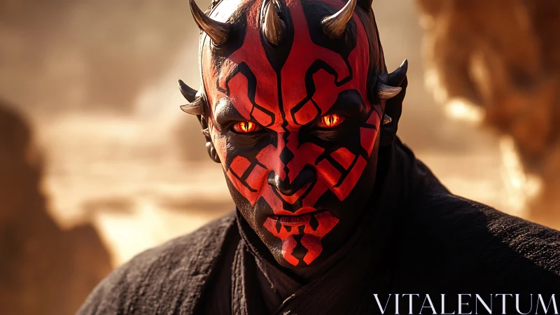 Horned red and black masked character in desert setting.
