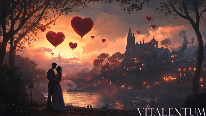 Lovers beneath floating hearts in gothic castle sunset.