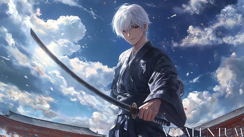 Silver haired swordsman draws katana under stormlit sky.