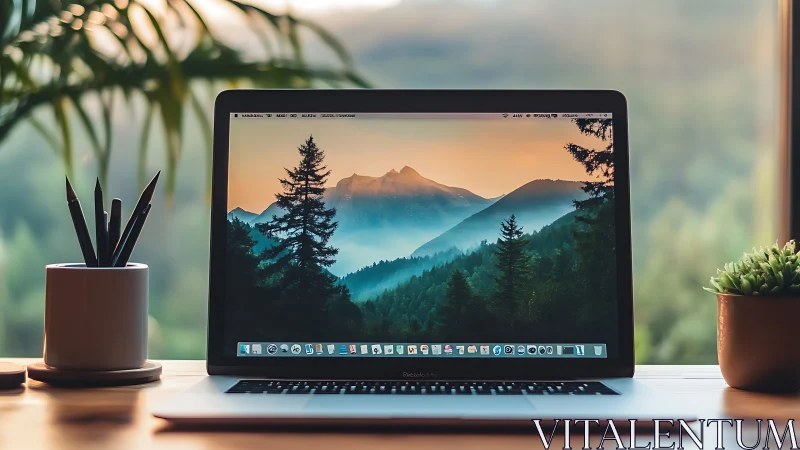Laptop on wooden desk with mountain landscape wallpaper.