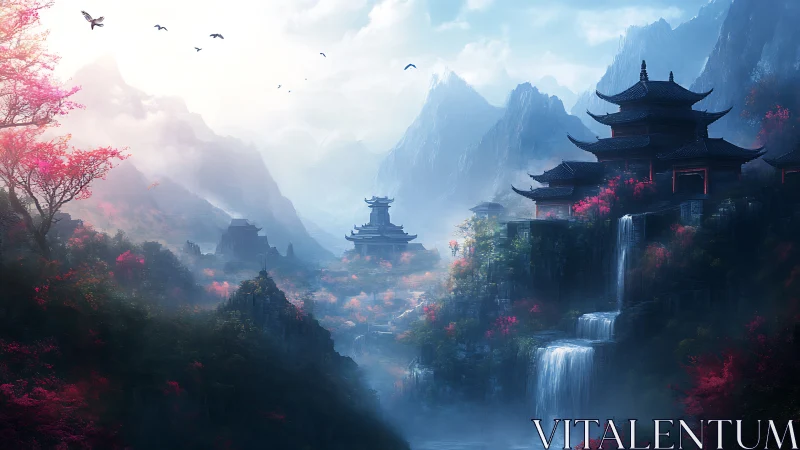 Misty mountain temples glow above cascading jade waterfalls