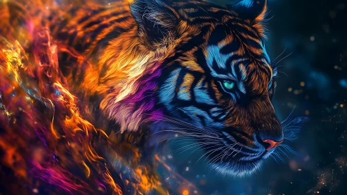 Tiger head rendered in neon fire and blue light contrasts