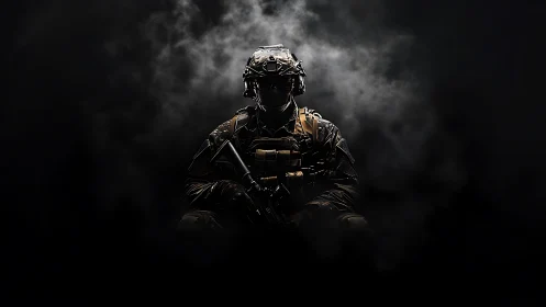 Shadowborne soldier poised in swirling battle smoke.