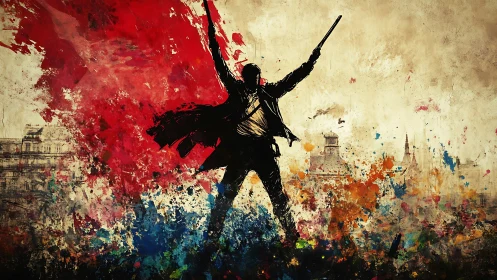 Silhouetted rebel rises through explosive urban color storm.
