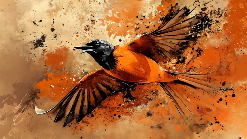 Ink-splashed songbird rockets through an explosive orange sky
