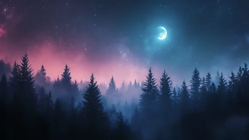 Crescent Moon Over Coniferous Forest: Nocturnal Atmospheric Rendering
