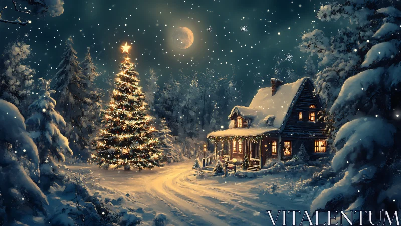 Snow-covered cabin and illuminated tree in nocturnal forest.