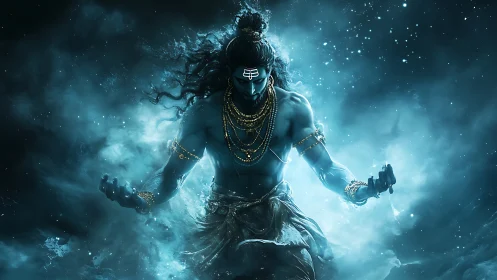 Mythic blue deity in swirling cosmic energy vortex, frontal