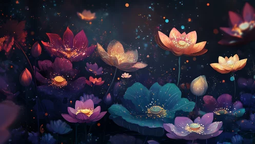 Luminous lotus blooms floating in cosmic darkness