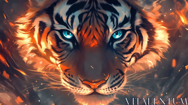 Fiery-eyed tiger gazes forward with glowing, untamed calm