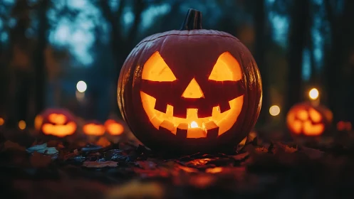 Glowing jack-o’-lanterns illuminate a shallow-depth forest scene