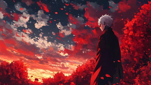 White-haired figure observing red autumn trees at sunset.