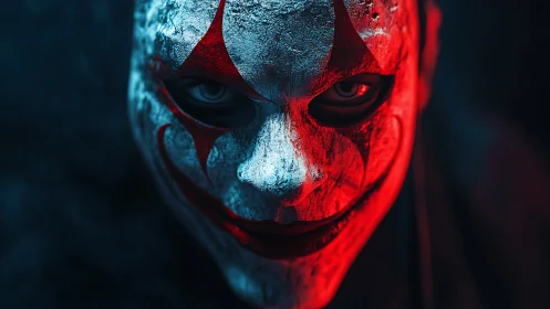 Sinister clown mask in harsh red and blue lighting.