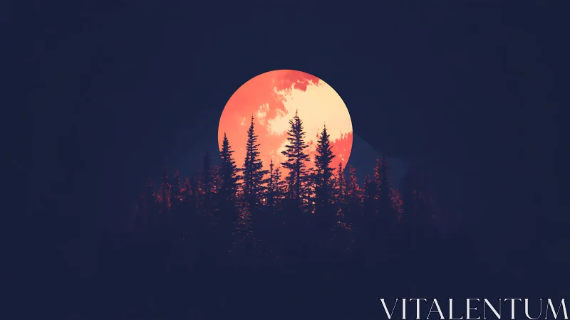 Red full moon rising behind dense pine forest silhouette.
