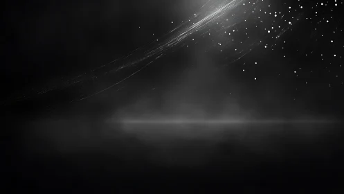 Luminous particles arc across dark misty abstract space