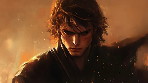 Brooding warrior portrait amid glowing embers and haze.