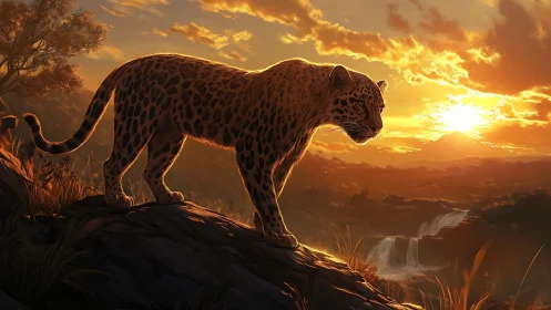 Leopard Prowls Golden Hour Ridge with Distant Cascades