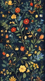 Botanical Garden Dance: Wildflowers & Vines Swirl Through Indigo.