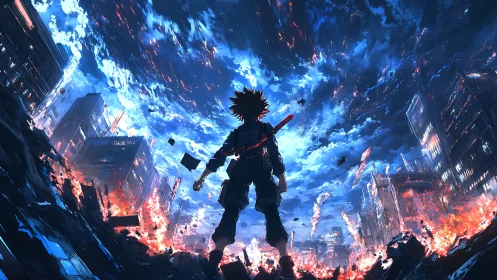 Backlit lone fighter surveys burning cybercity under turbulent sky