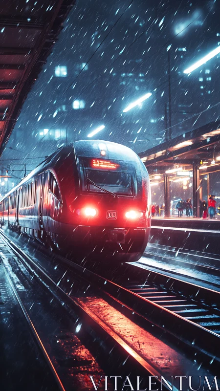 Night train gliding through rain at a glowing city platform.