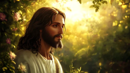 Soft backlit portrait of robed man in luminous forest clearing