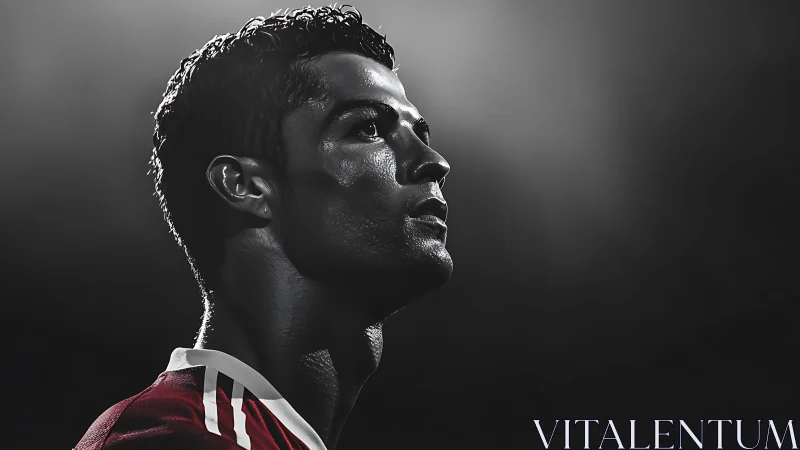 Focused footballer gazes toward the light with quiet resolve.